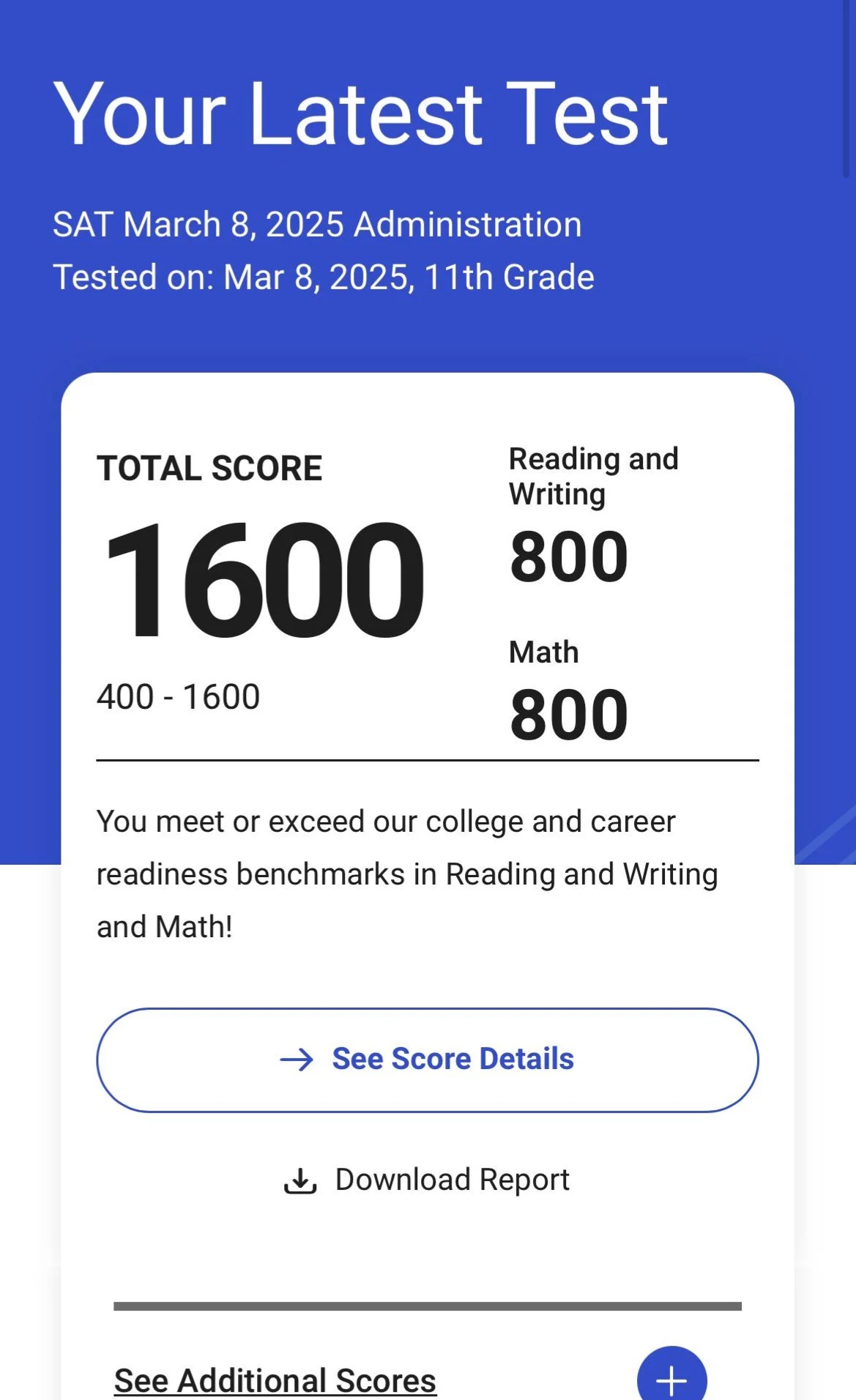 Perfect 1600 SAT Score Screenshot